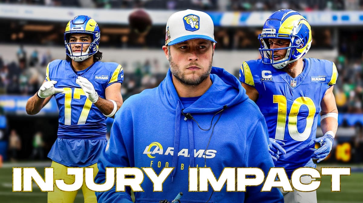 Matthew Stafford in the middle with Cooper Kupp and Puka Nacua around him and dark clouds in the background.