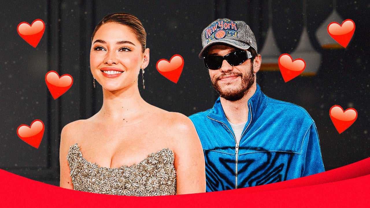 Pete Davidson and Madelyn Cline with hearts around them