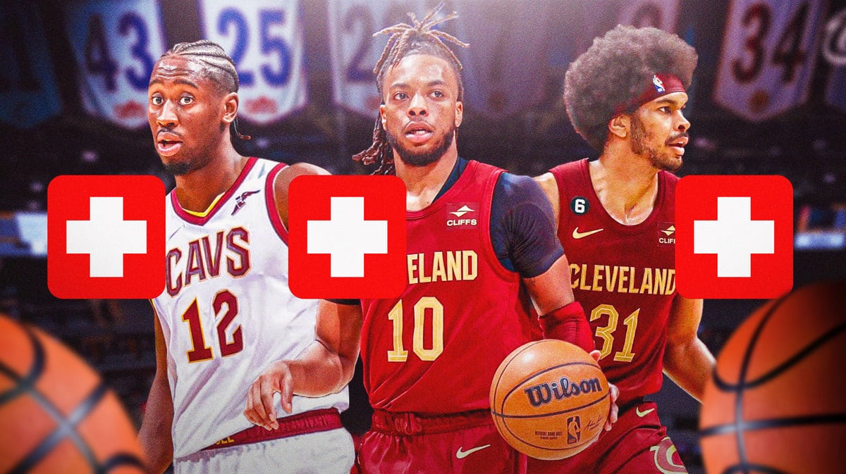 Darius Garland, Jarrett Allen, Caris LeVert all in Cavs jerseys with medical kits around them