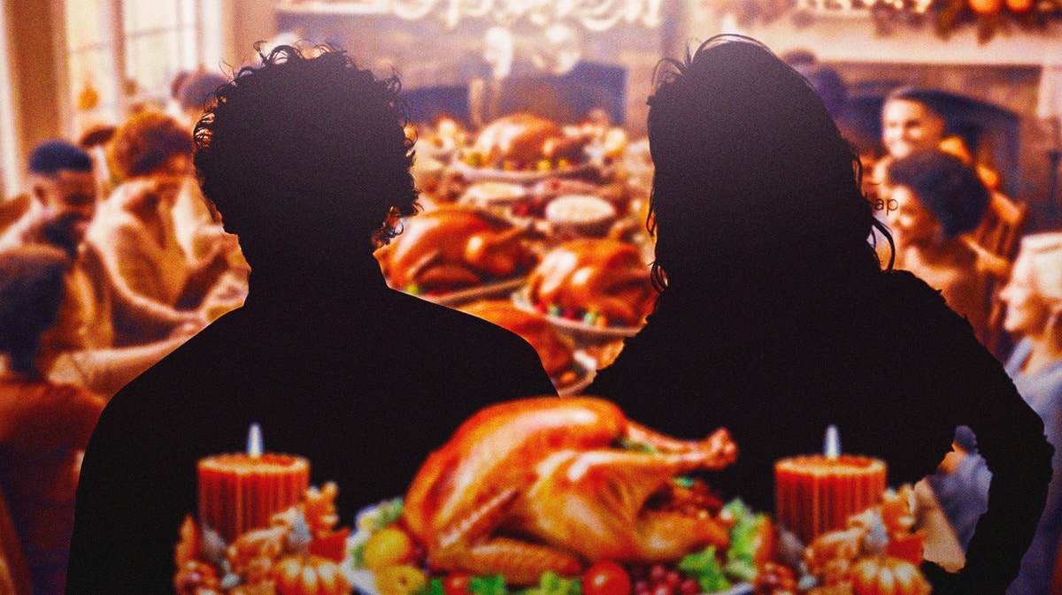 Jack harlow and Dolly parton silhouette with questions marks and maybe some thanksgiving themed stuff around them