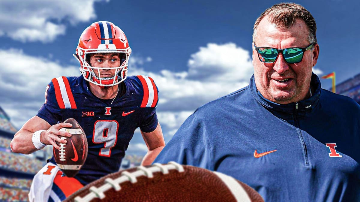 Photo: Luke Altmyer in Illinois jersey with Bret Bielema in Illinois gear smiling