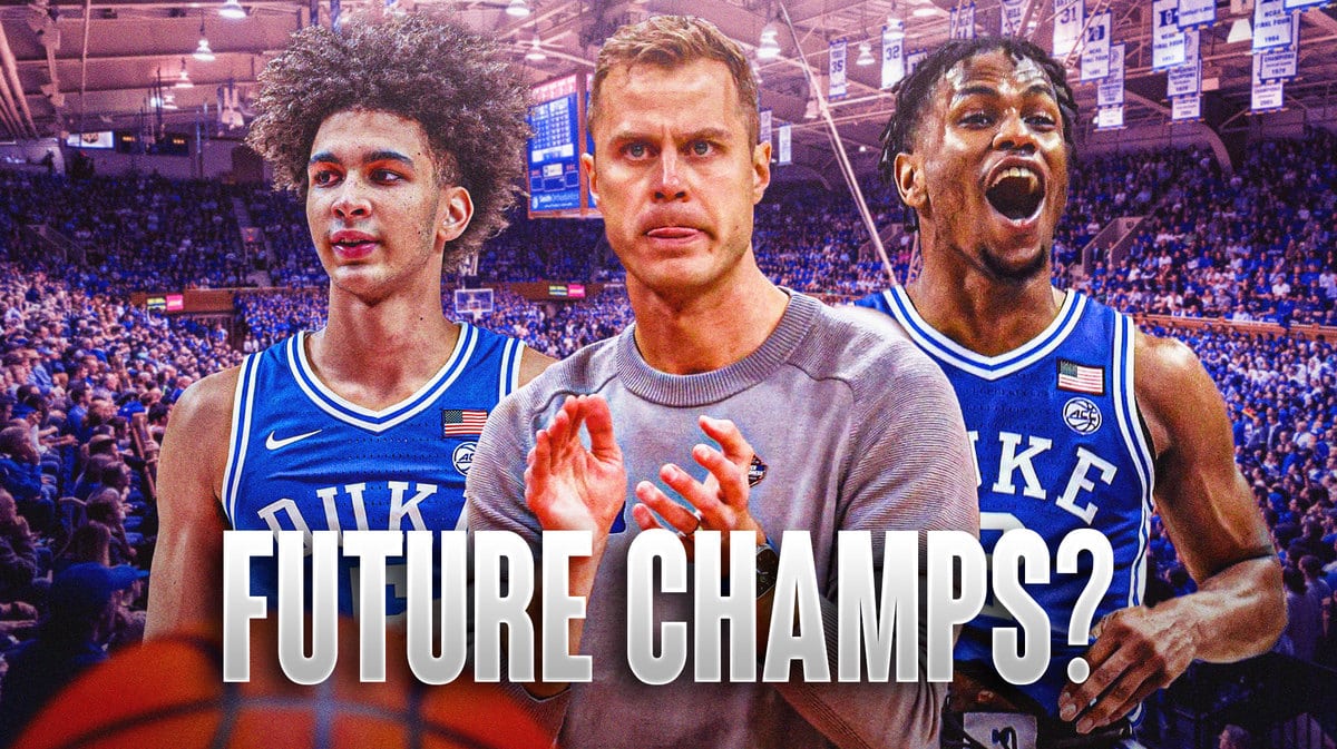 Duke Jon Scheyer with Tyrese Proctor and Jeremy Roach