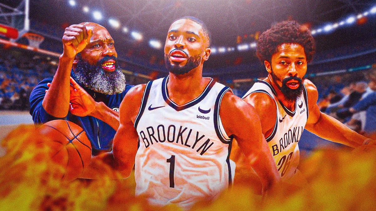 Jacque Vaughn, Mikal Bridges, Spencer Dinwiddie, all in action in Nets jerseys/gear
