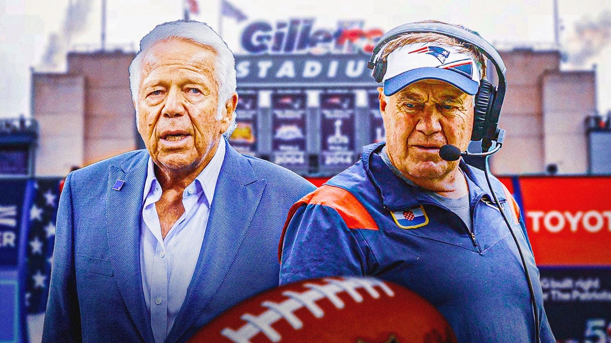 Photo: Bill Belichick in Patriots gear with Robert Craft in a suit, fans booing behind them