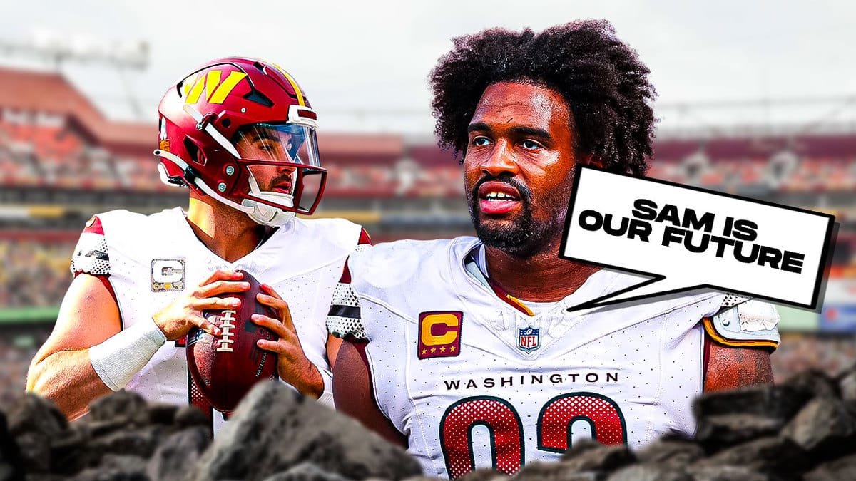 Washington Commanders' Jonathan Allen and a speech bubble “Sam Is Our Future” and an image of Commanders QB Sam Howell