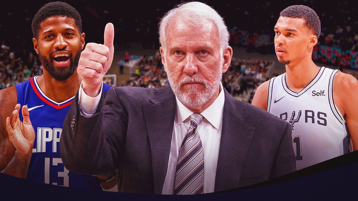 Spurs HC Gregg Popovich thumbs up, with Victor Wembanyama sad and Clippers' Paul George smiling