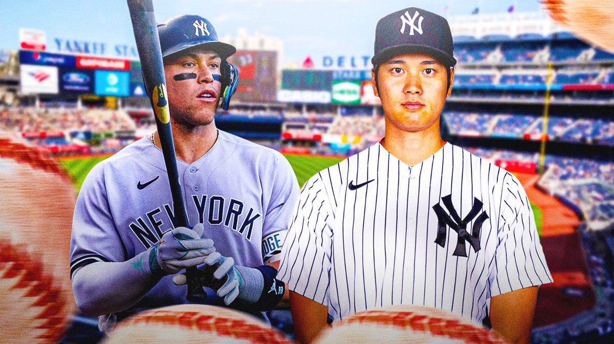 Yankees' Aaron Judge next to Shohei Ohtani in a Yankees uniform