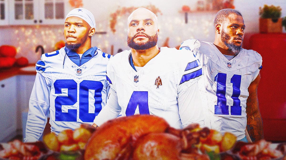 Dak Prescott, Micah Parsons, Tony Pollard in Cowboys jerseys with turkey dinner in front of them