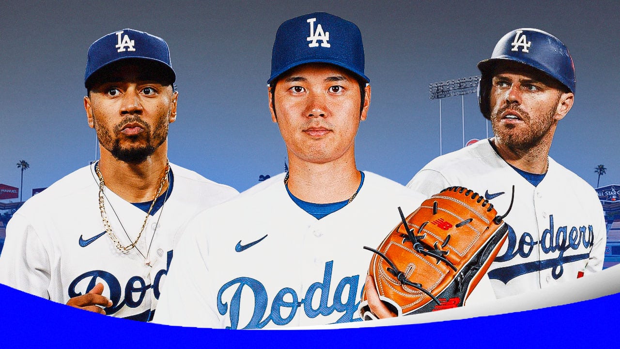 Shohei Ohtani, Freddie Freeman and Mookie Betts in Dodgers uniforms