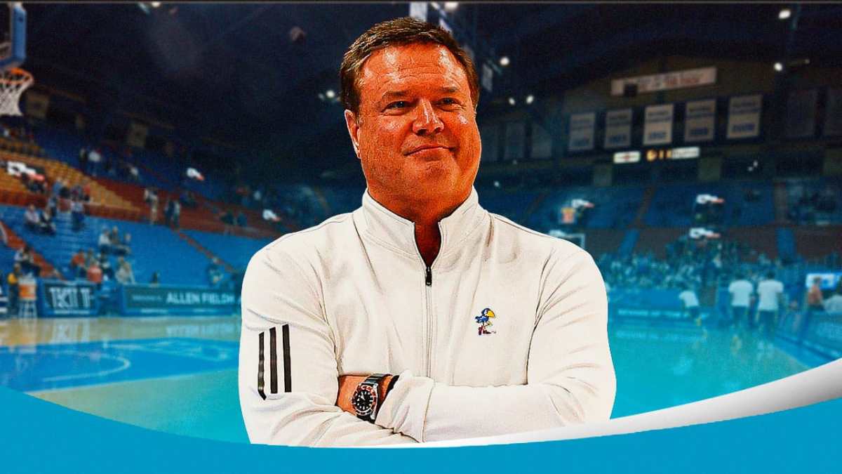 Kansas basketball, Jayhawks, Bill Self, Hunter Dickinson, college basketball, Bill Self with Kansas basketball arena in the background