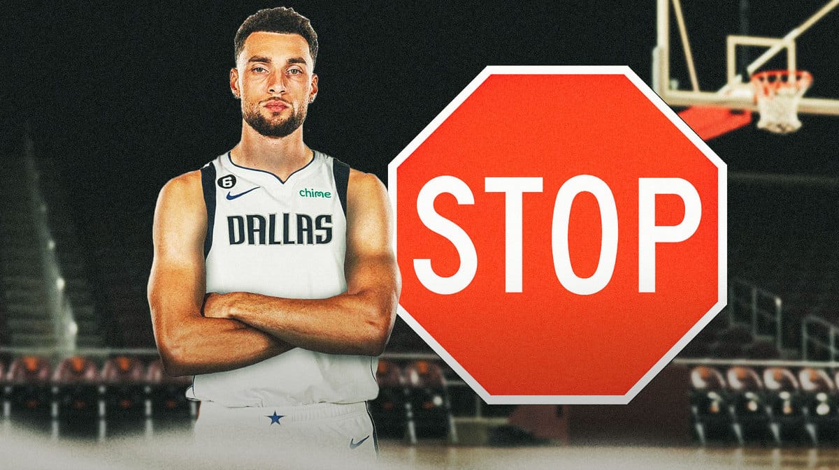 Zach LaVine in a Mavs jersey, place a stop sign next to him.