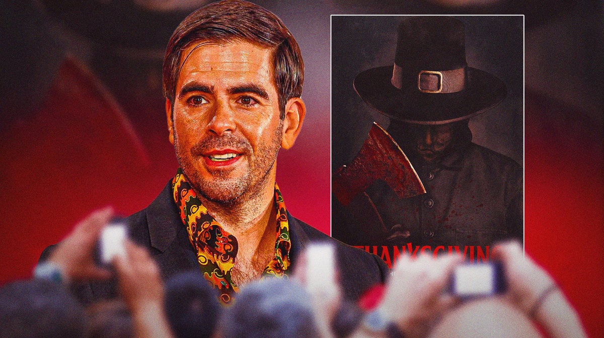 Eli Roth with a Thanksgiving poster behind him.