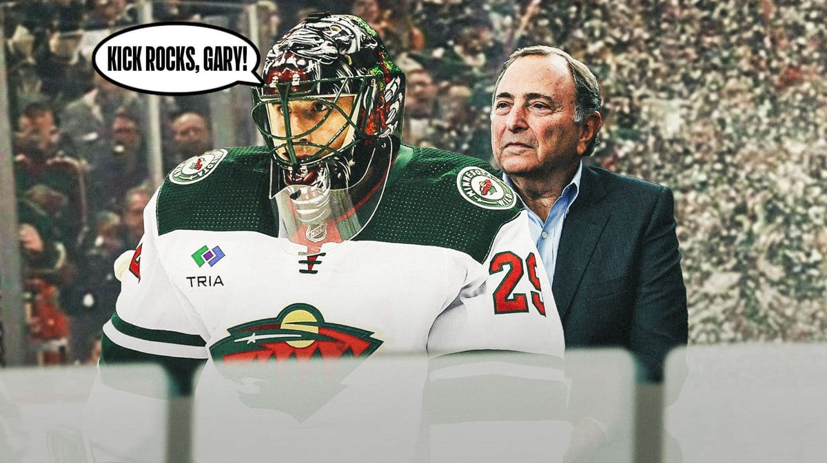 Minnesota Wild goalie Marc-Andre Fleury telling NHL commissioner Gary Bettman to kick rocks after wearing a custom mask in tribute of his wife against the Colorado Avalanche