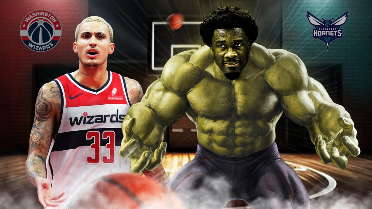 Wizards' Kyle Kuzma looking pissed, with Hornets' Mark Williams as the Hulk