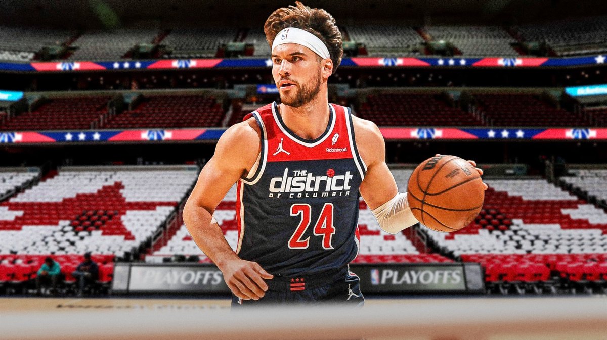 Corey Kispert with the Wizards arena in the background injury
