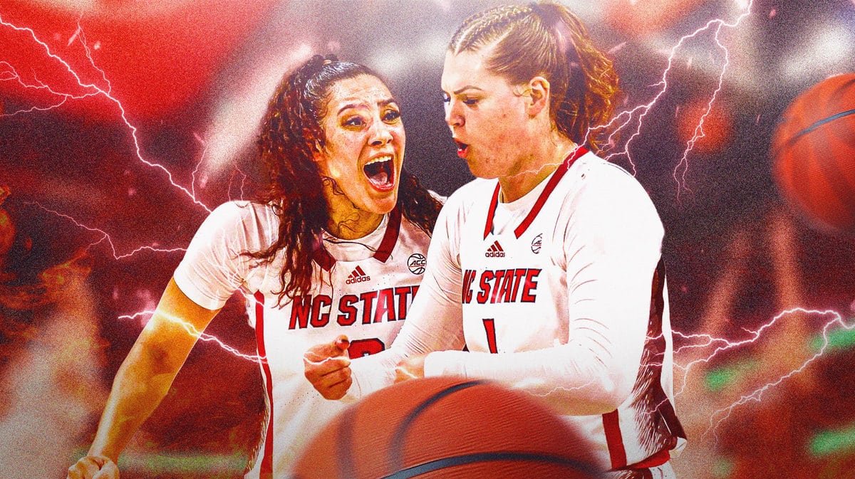 Players from the North Carolina State women’s basketball team, with something like lightening coming out of their hands or feet to symbolize “superpowers.