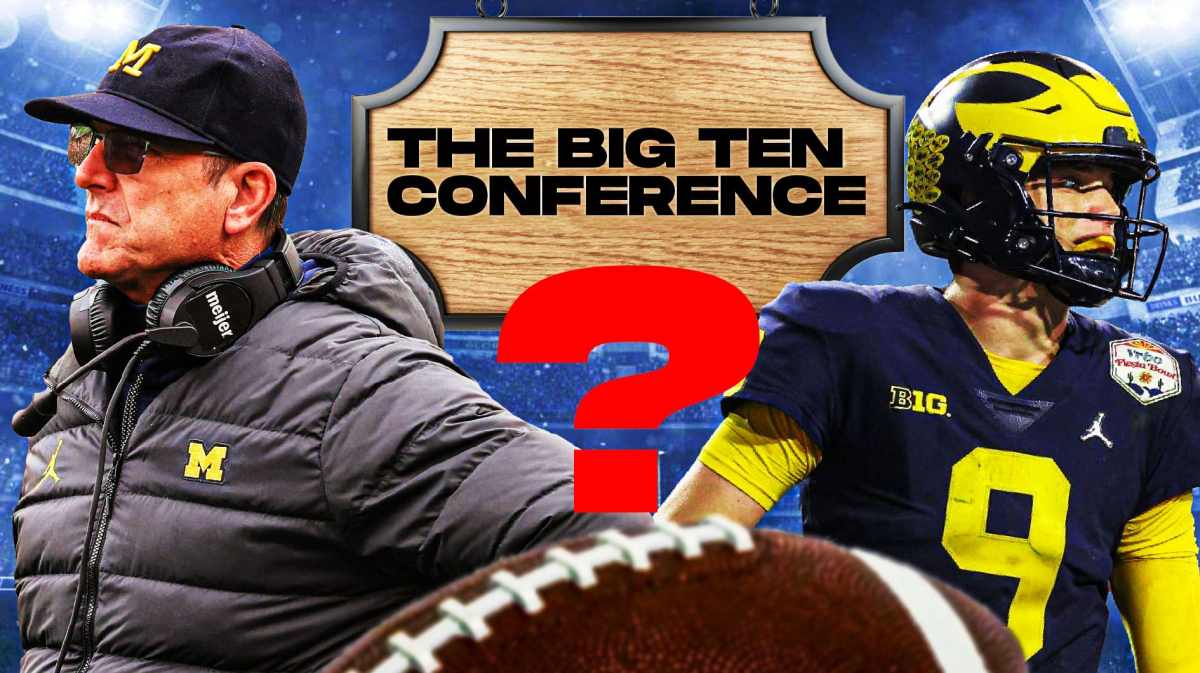 Jim Harbaugh on the left, in foreground, Michigan player on the right in foreground. In background, a sign saying Big Ten Conference, with a question mark over it.