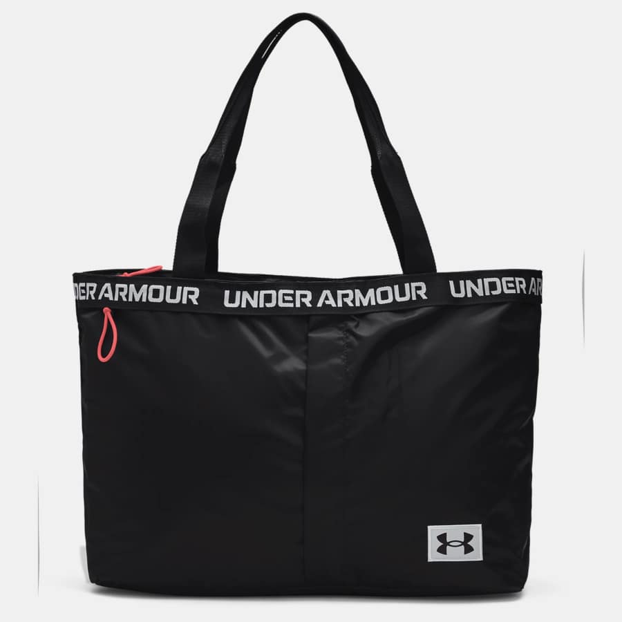 Women's UA Essentials Tote Bag - Black/Mod Gray colorway on a light gray background.