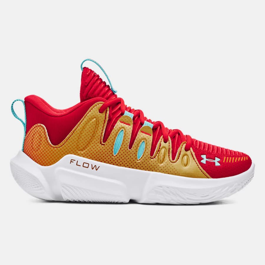 Women's UA Flow Breakthru 4 ASG Basketball Shoes -Red / White / Capri - 600 colorway on a light gray background.