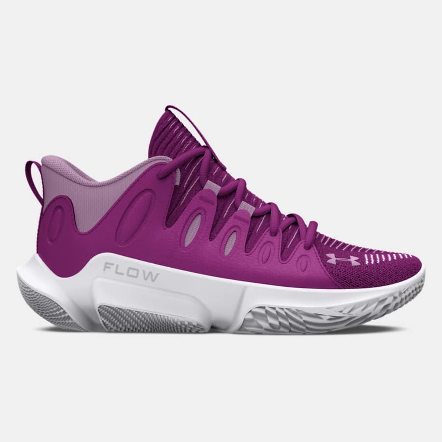 Women's UA Flow Breakthru 4 Basketball Shoes in purple on a light gray background.