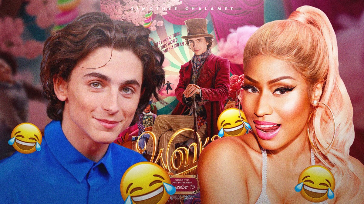 Timotée Chalamet and Nicki Minaj in front of Wonka poster.