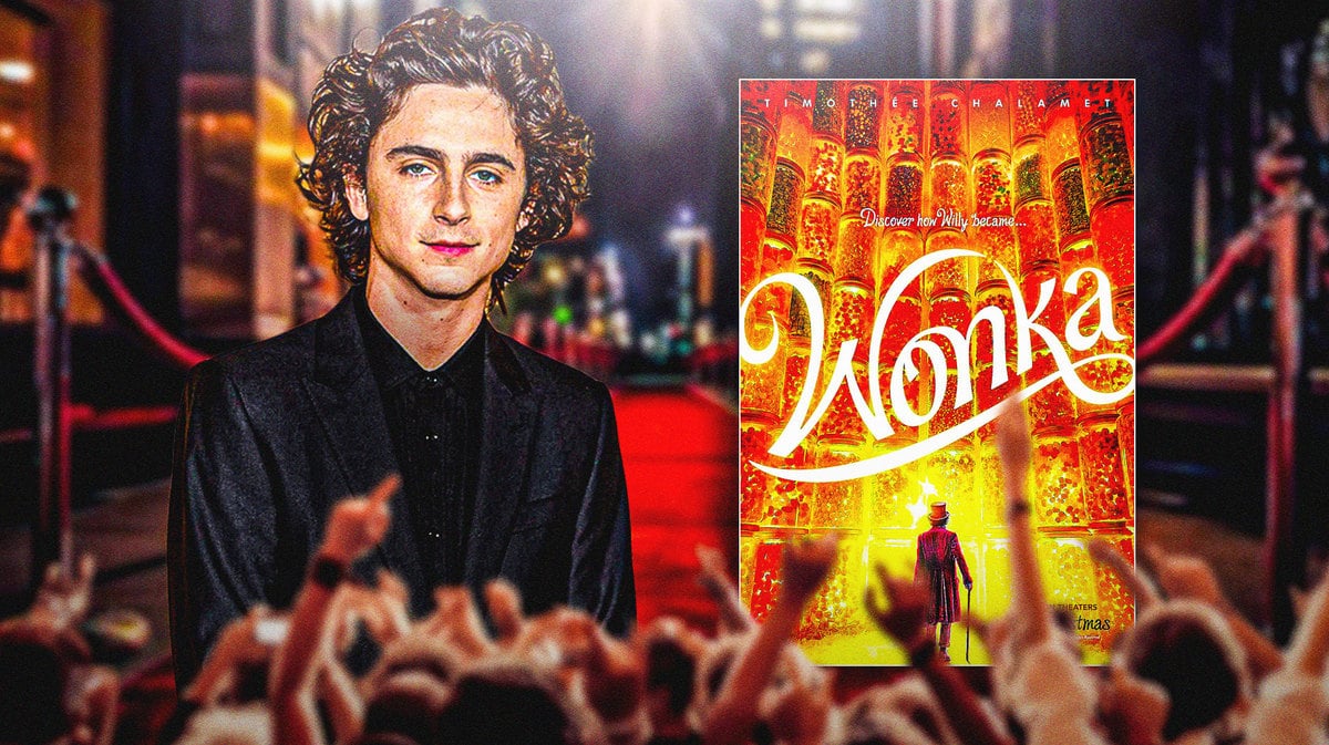 Timothée Chalamet next to Wonka poster and red carpet background.
