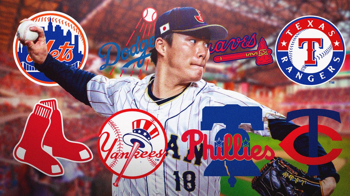 Yoshinobu Yamamoto pitching a baseball. Place the following MLB team logos in background of image: Mets, Dodgers, Red Sox, Yankees, Braves, Rangers, Phillies and Twins.