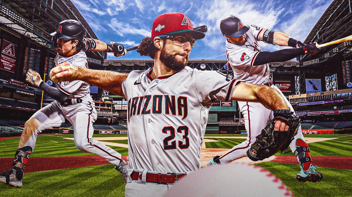 Diamondbacks' Zac Gallen in front looking serious. Diamondbacks' Corbin Carroll swinging a bat, Diamondbacks' Evan Longoria swinging a bat in background