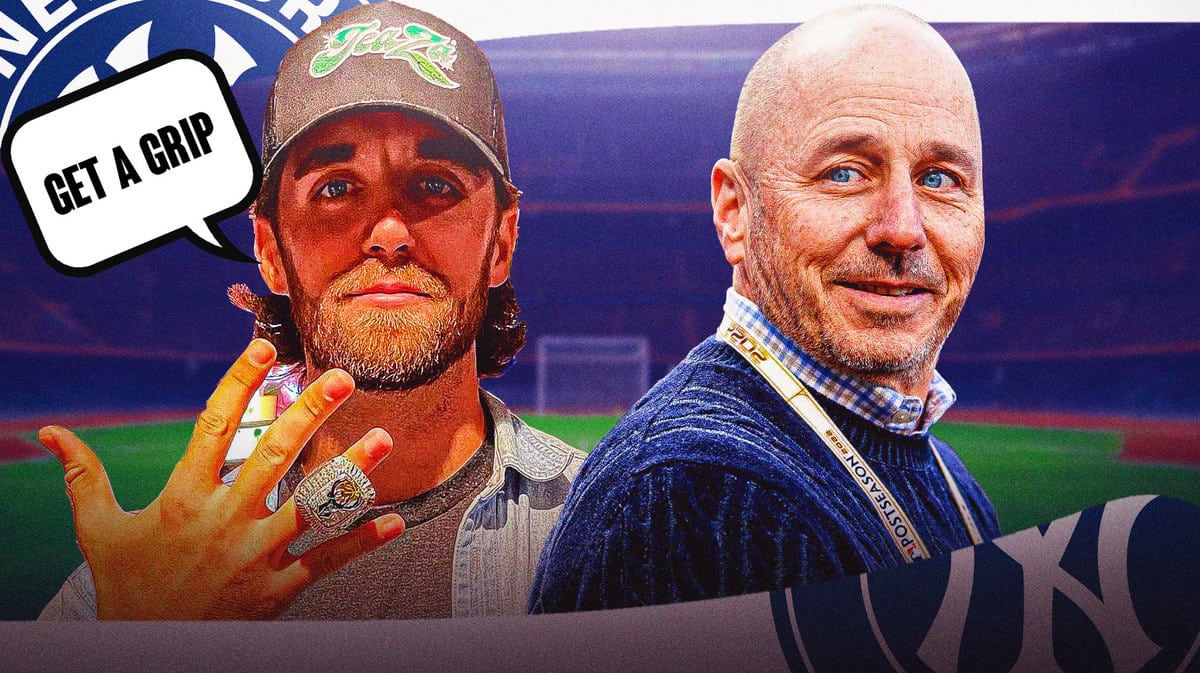 Former NY Yankees minor league player Ben Ruta and a speech bubble “Get A Grip” and next to him an image of NY Yankees GM Brian Cashman