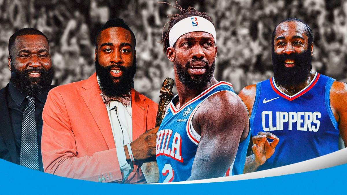 Kendrick Perkins smiling, Thunder James Harden holding sixth man of the year award, Sixers' Patrick Beverley looking mad, with Clippers' James Harden smiling