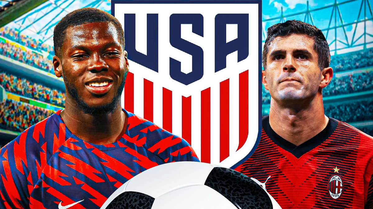 Yunus Musah and Christian Pulisic in front of the USMNT and AC Milan logos