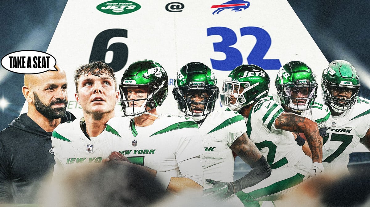 Robert Saleh telling Zach Wilson “Take a seat” as Tim Boyle goes into game, looking on hanging heads are Sauce Gardner, Xavier Gipson, Garrett Wilson, Mekhi Becton on crutches watching. In background is scoreboard saying Bills 32 - Jets 6