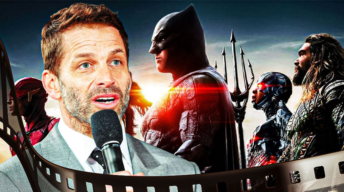 Director Zack Snyder, with images from his film Justice League in the background
