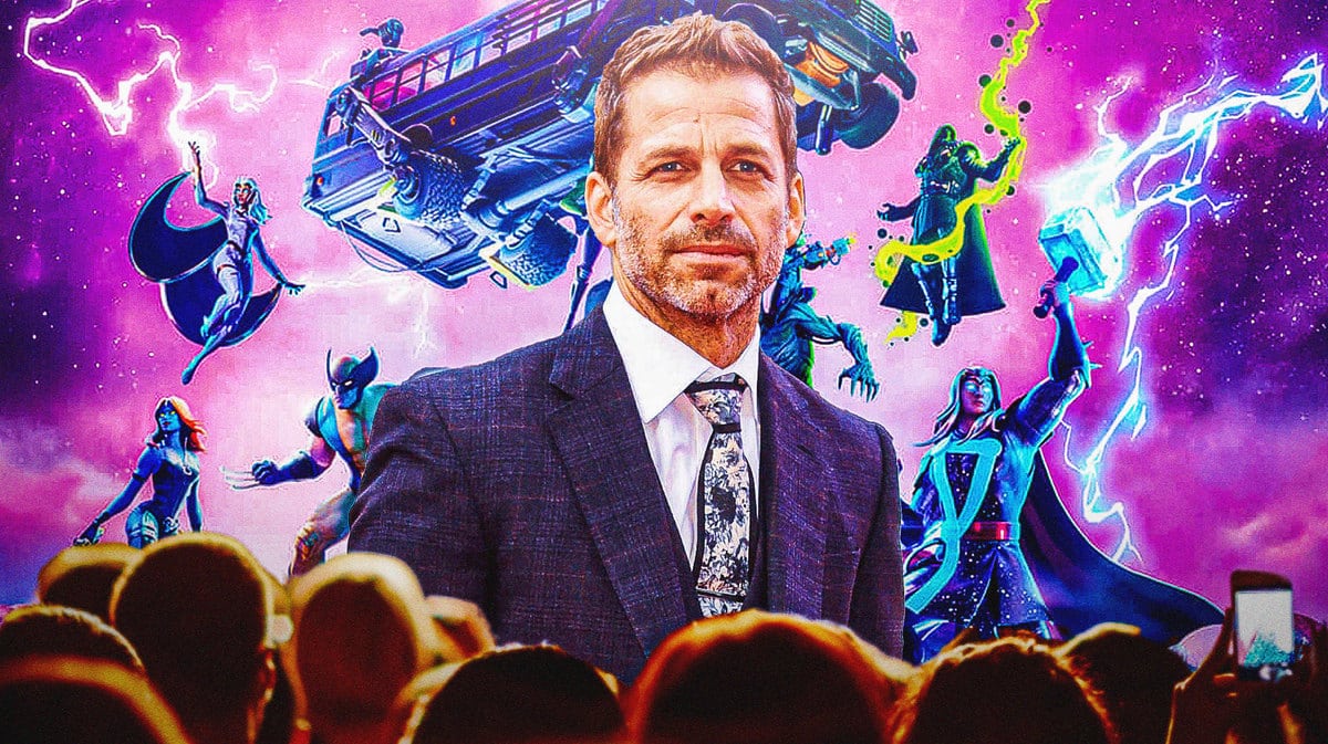 Zack Snyder with a scene from Fortnite in the backgound, and fans in front.