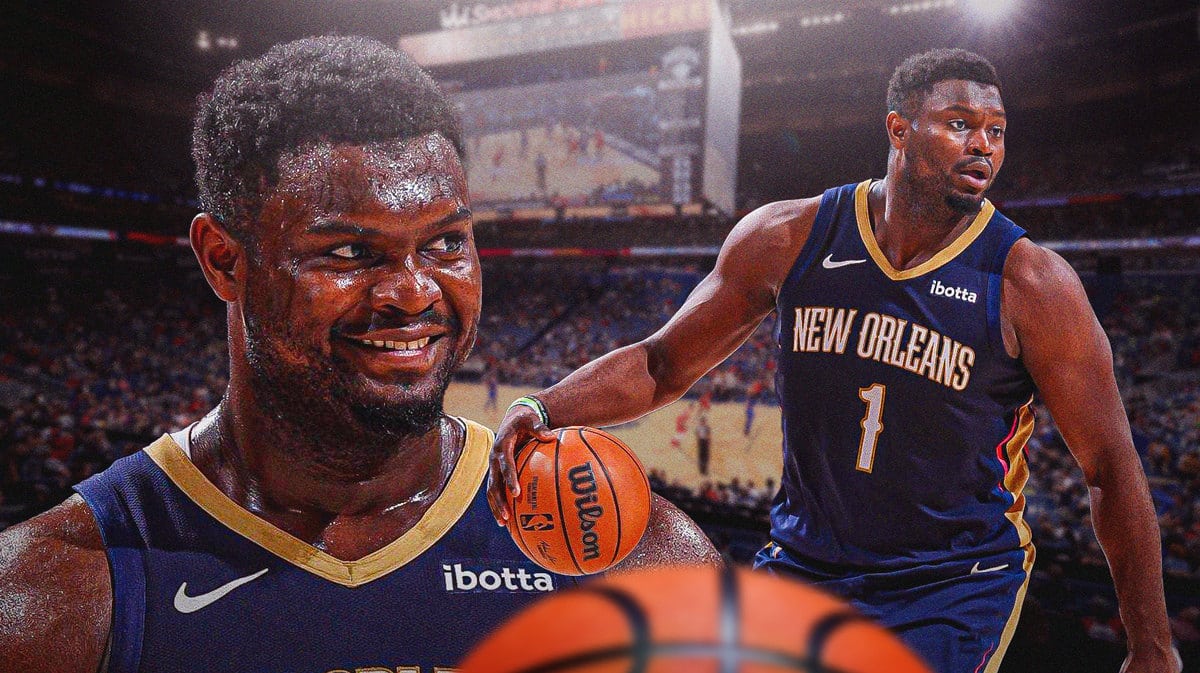 New Orleans Pelicans star Zion Williamson in front of Smoothie King Center.
