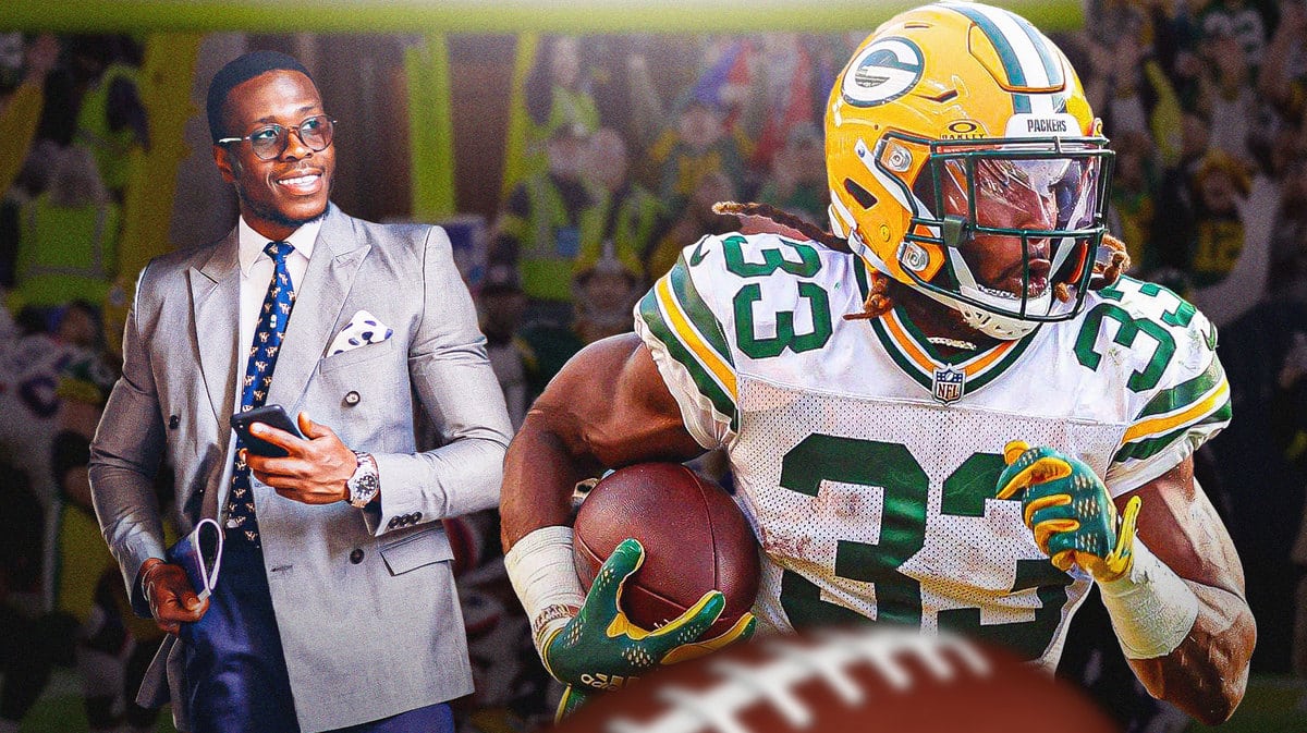 Aaron Jones running with the football. Have a person looking happy while staring at a cell phone next to Jones