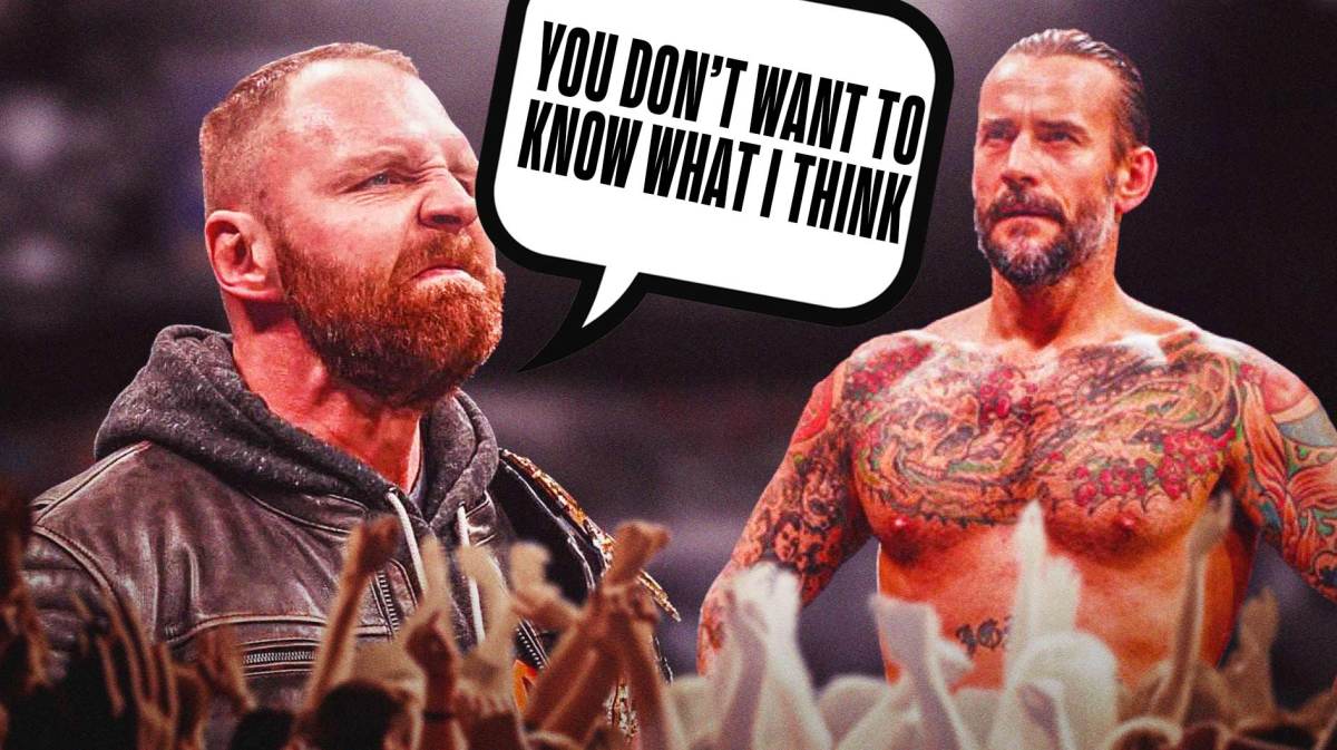 Jon Moxley with a text bubble reading “You don’t want to know what I think” next to 2023 WWE CM Punk in a professional wrestling ring.