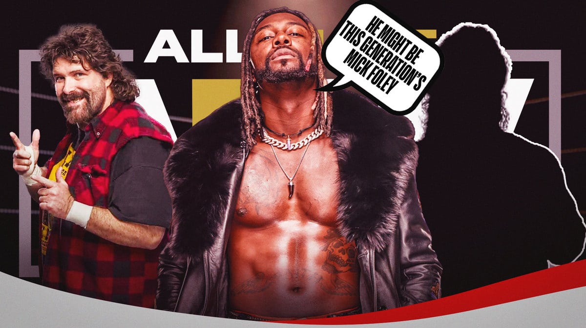 The blacked out silhouette of Hangman Adam Page on the right, Swerve Strickland in the middle with a text bubble reading “He might be this generation’s Mick Foley” and Mic Foley on the right with the AEW logo as the background.