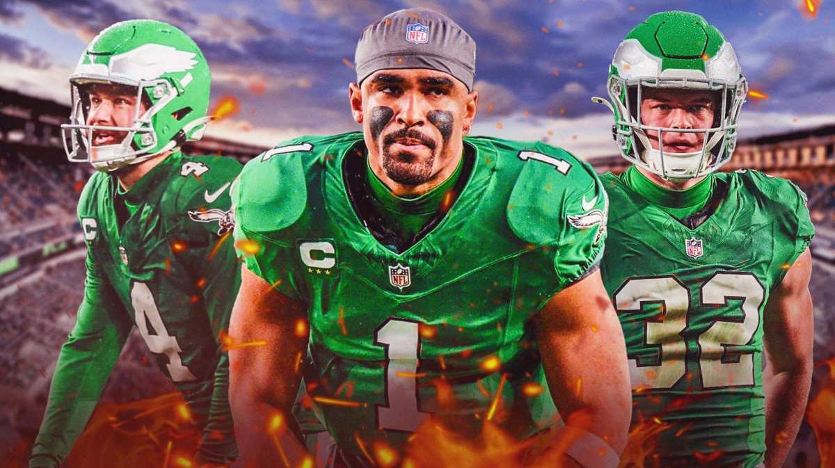 Jalen Hurts, Jake Elliott and Reed Blankenship all with fire underneath them