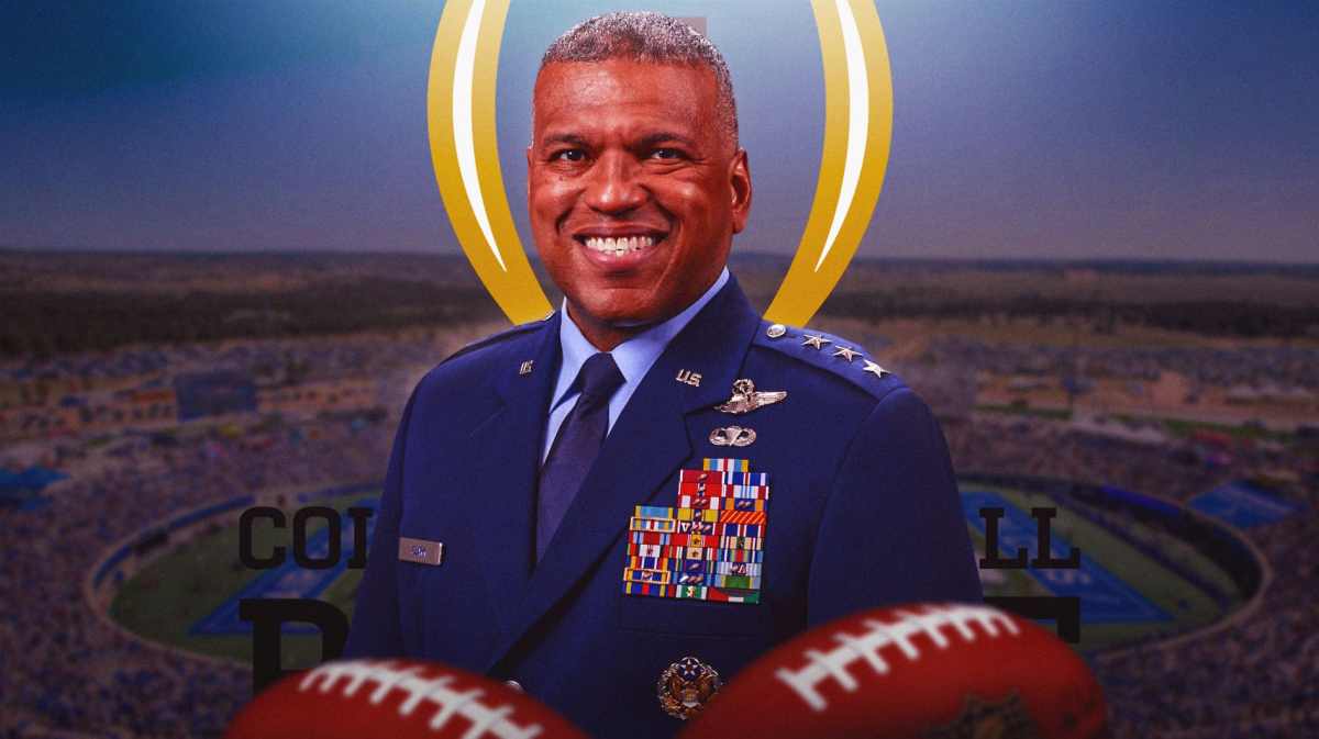 Air Force football, Falcons, Richard Clark, Richard Clark military, College Football Playoff, General Richard Clark and College Football Playoff logo with Air Force football stadium in the background