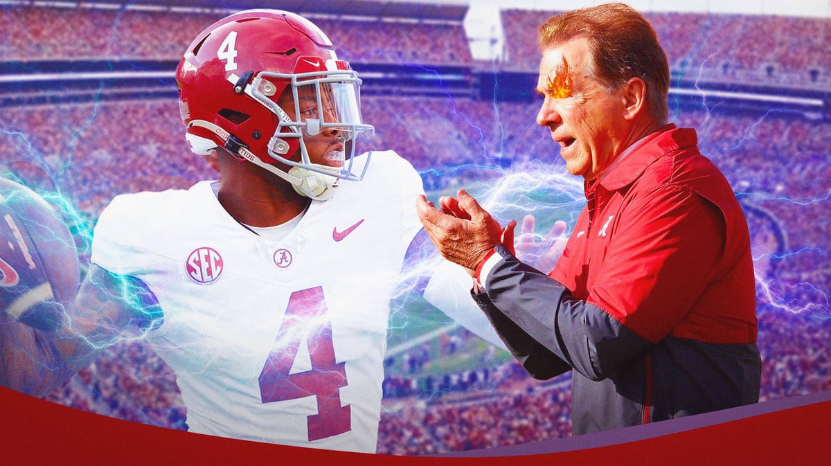 Alabama football head coach Nick Saban looking hyped with fire in eyes, ACTION SHOT of Jalen Milroe with electricity effect