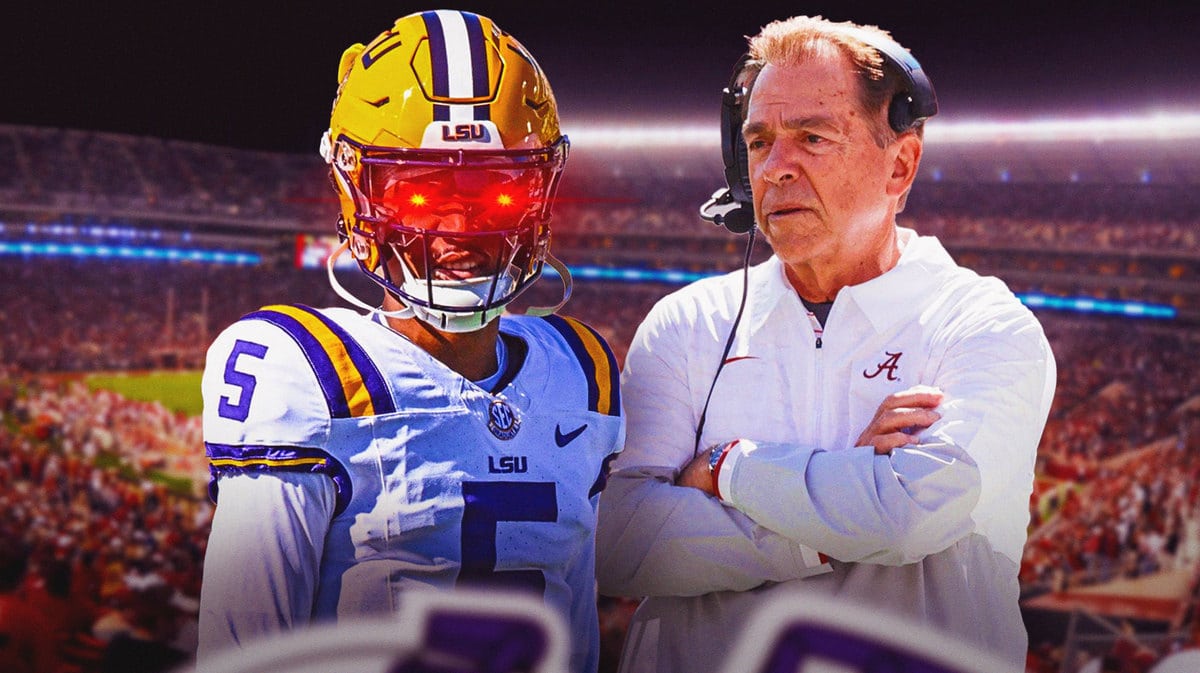 Image: Nick Saban of Alabama football with Jayden Daniels of LSU..Add woke eyes to Daniels