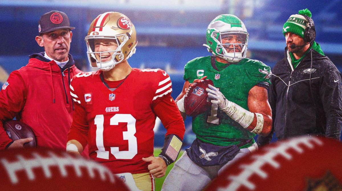 Brock Purdy, Kyle Shanahan. Jalen Hurts, Nick Sirianni. Lincoln Financial Field in the background.