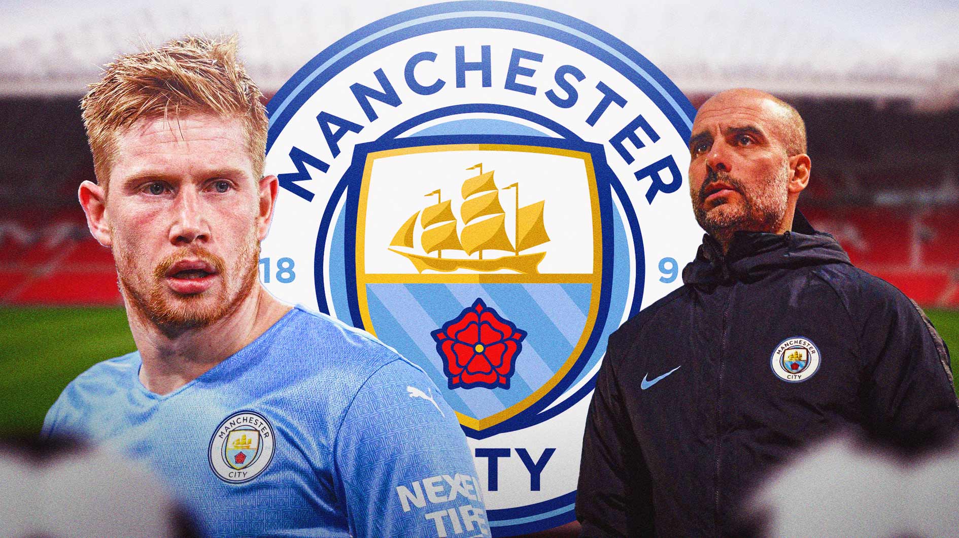 Kevin De Bruyne and Pep Guardiola in front of the Manchester City logo