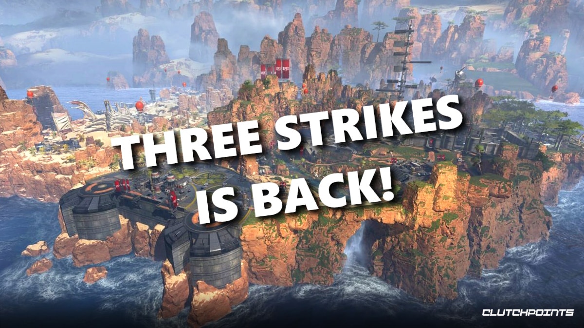 apex legends three strikes, apex three strikes, apex legends, apex game mode, a screenshot of the Apex Legends map with the words Three Strikes is Back on it