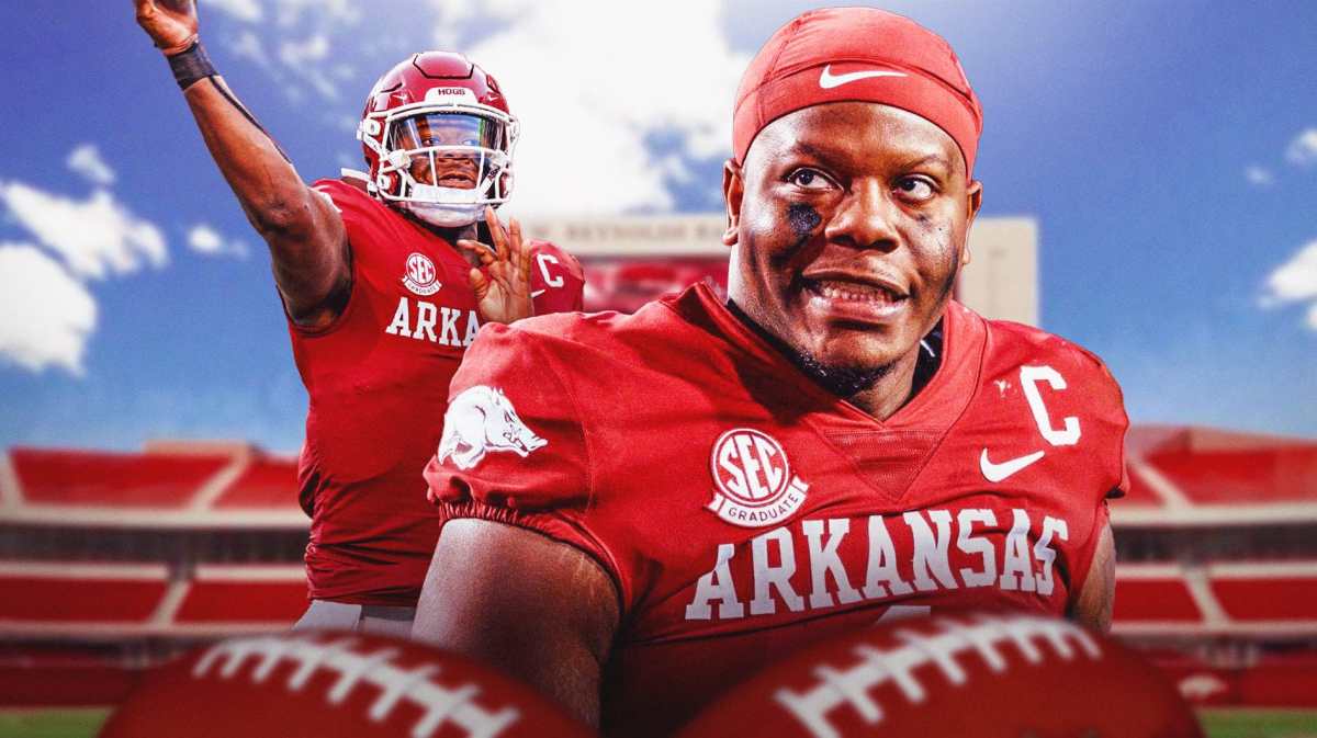 Arkansas football, Razorbacks, KJ Jefferson, KJ Jefferson transfer portal, transfer portal, KJ Jefferson in Arkansas uni with Arkansas football stadium in the background