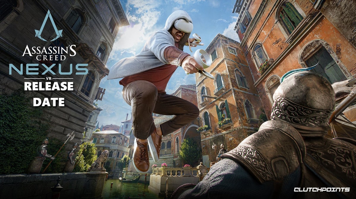 assassins creed nexus, assassins creed nexus release date, assassins creed nexus story, assassins creed nexus gameplay, key art for Assassins Creed Nexus VR with the words Release Date under the game title