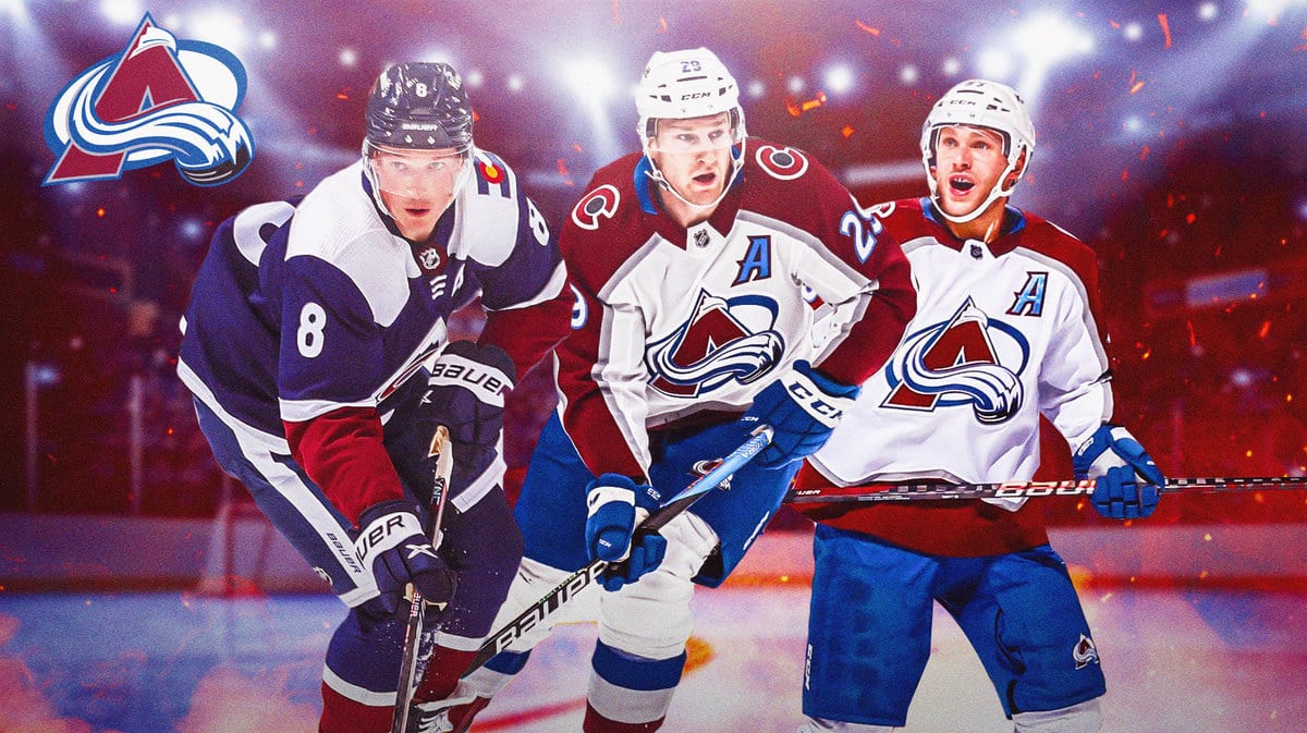 Nathan MacKinnon, Cale Makar and Mikko Rantanen all in image looking happy, fire in image and COL Avalanche logo, hockey rink in background