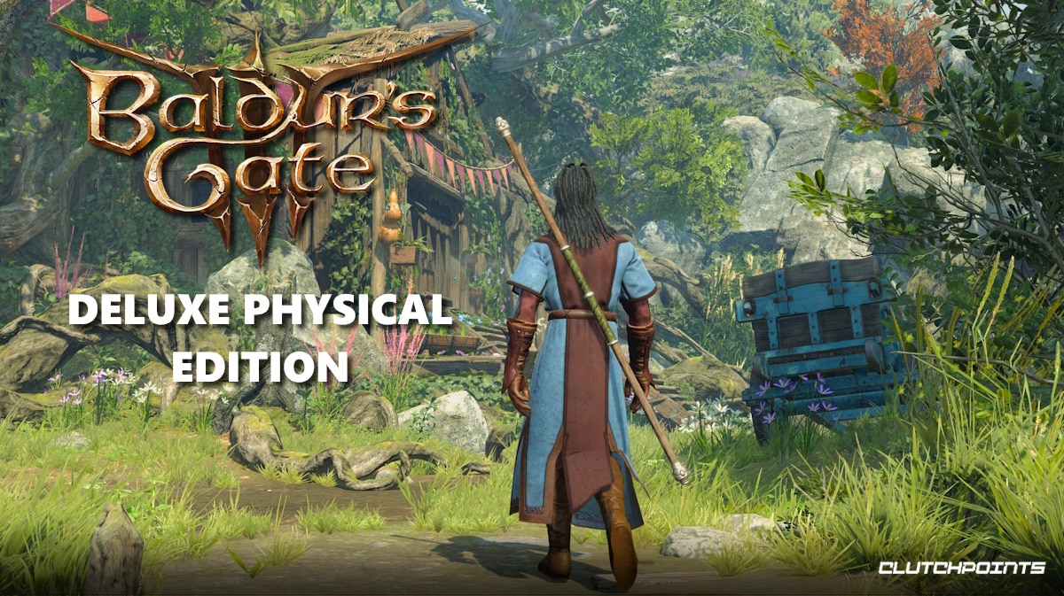baldurs gate 3 deluxe, baldurs gate 3 physical, baldurs gate 3, baldurs gate 3 preorder, a screenshot of Baldur's Gate 3 with the game logo in the corner and the words Deluxe Physical Edition under it