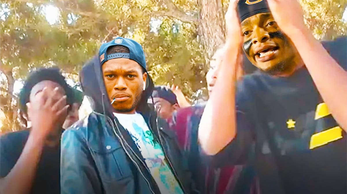 DJ Moore of the Bears as the guy in the hoodie and Justin Fields as the guy on the right with hands on face